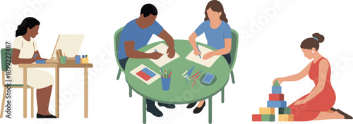 Family Playing and Drawing Vector Illustration Creative Home Leisure