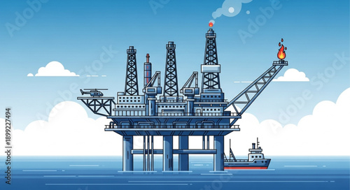 Offshore oil rig platform in the ocean with a ship.