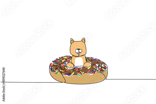 One line drawing of adorable calico cat features cute pet animal sitting inside glazed donut for unhealthy snack concept. Colorful art ideal for international food day theme and home cafe decoration