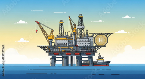 Offshore oil rig platform in the ocean with a supply boat.