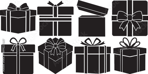 Eight black silhouette gift boxes with various bows and ribbon styles, isolated on white background Vector illustration.