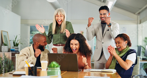 Tableau sur toile Applause, excited and people with laptop in creative agency, meeting and launch success for campaign
