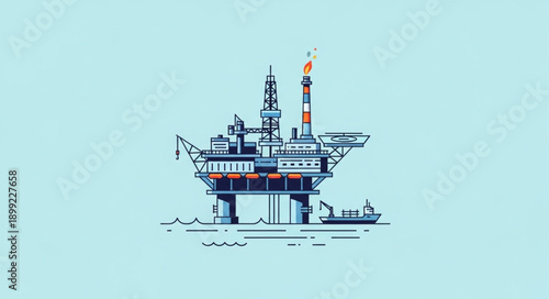 Offshore oil rig platform in the ocean with a supply boat.
