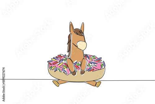 Single line drawing of brave brown horse for pastry food concept features cute animal sitting inside sweet donut. Colorful art represents an international food day theme with a playful farm pony art
