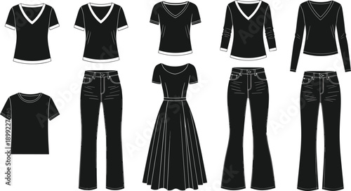 Black and white vector fashion illustration set of women’s basic clothing icons including v-neck shirts, long sleeve tops, denim jeans, and a summer dress