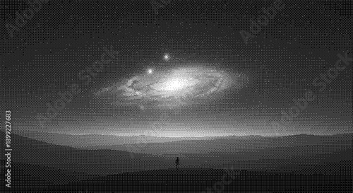 A lone figure stands on a hill gazing at a majestic galaxy in the night sky