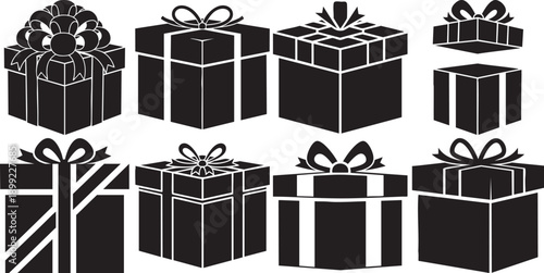 Eight black silhouette gift boxes with bows, some with detailed ribbons, isolated on white background Vector illustration.