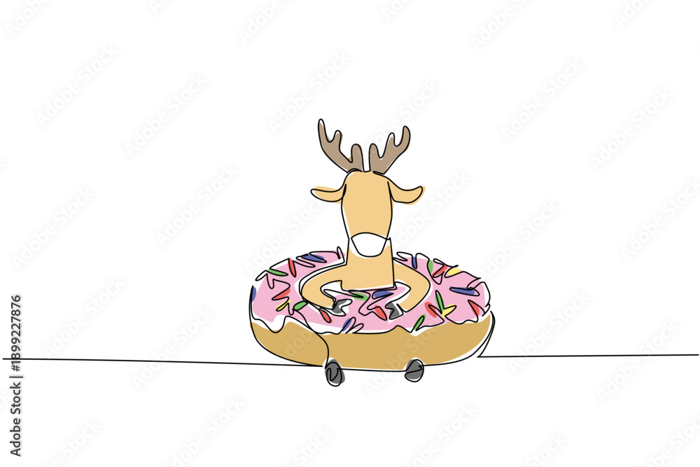 Naklejka premium Continuous line drawing of cute animal shows brown deer sitting inside sweet donut for sweet pastry concept. Colorful art is perfect for international food day theme with adorable fawn forest mammal