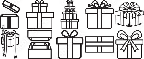 Stack of stylized gift boxes with ribbons and bows, decorative holiday packaging elements isolated on white background Vector illustration.