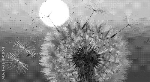 Dandelion seeds blowing in the wind against a full moon in a serene landscape view