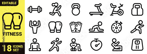 Fitness and health icon set with dumbbell, barbell, kettlebell, treadmill, stationary bike, boxing gloves, stopwatch, rowing machine, weighing scale, yoga, running, and wellness exercise symbols