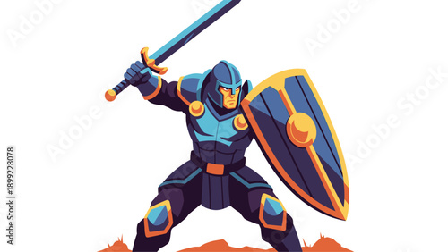 Stylized armored knight with sword and shield. Fantasy warrior in battle pose.
