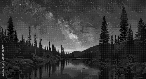 A serene lake in the forest under a starry night sky with the milky way visible above the trees
