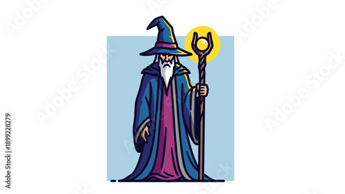 Mystical Old Wizard Character Holding Magic Staff. Fantasy Sorcerer with Glowing Orb Illustration