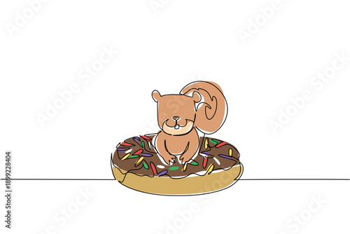 Single line drawing of cute playful animal shows brown squirrel lying inside glazed donut for food concept. Colorful art perfect for kids storybook cover purpose with an adorable forest rodent mammal