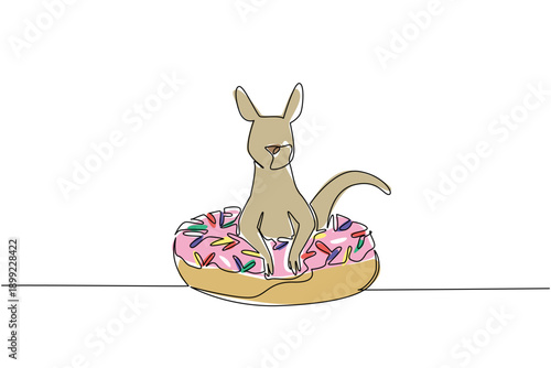 One line drawing colorful charming kangaroo depicts cute animal sitting inside glazed donut for pastry food concept. Playful tan joey design for coloring page purpose in whimsical kids art style decor