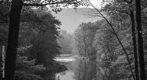 Serene river flowing through a dense forest, surrounded by tall trees, with a misty mountain in the background, captured in a black and white photograph from a distant viewpoint.