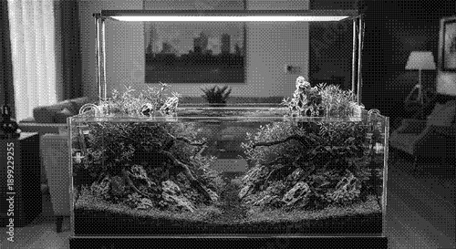 Aquatic scene with fish and plants in a large aquarium tank displayed in a living room setting