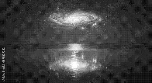 A serene galaxy reflected in the calm waters of a dark celestial lake from a distant viewpoint
