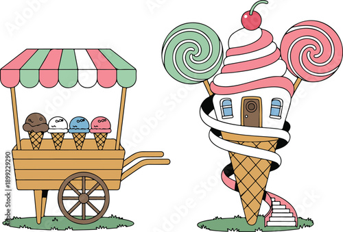 Cute Ice Cream Shop Vector Set Street Cart and Fantasy Cone Building