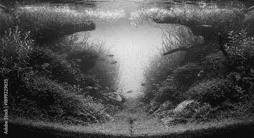 A serene landscape of a pond surrounded by lush greenery and trees, captured in a black and white photograph from a ground-level viewpoint.