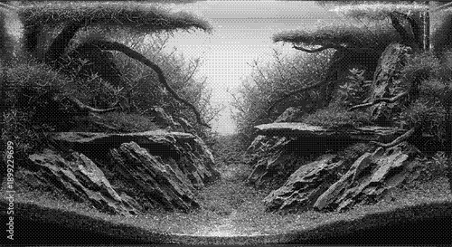 Mysterious landscape illustration featuring rugged cliffs, trees, and a serene pathway into the distance