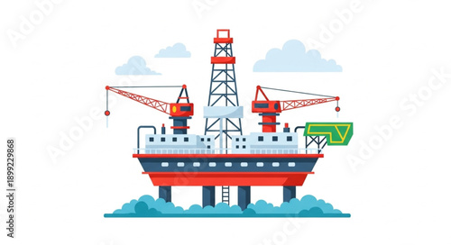Offshore oil rig platform in the ocean with cranes and clouds.