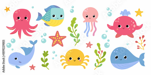 Charming cartoon sea creatures and plants in a playful underwater scene