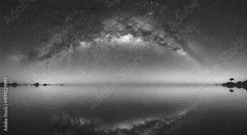 A serene lake under a majestic starry night sky with a reflection of the Milky Way