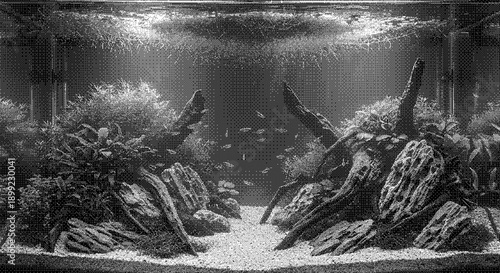 Underwater aquarium scene with rocks and fish, serene environment, overhead viewpoint, illustration