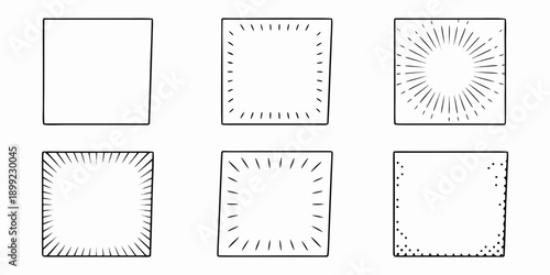 Six sketched rectangular frames with varying dotted and radiating line patterns