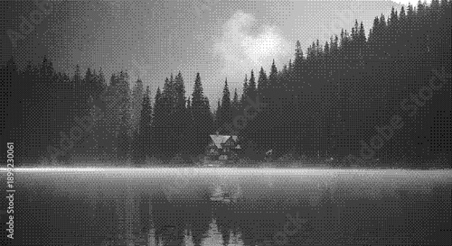 Serene lake scene with dense forest and cabin from a distant viewpoint on a misty day