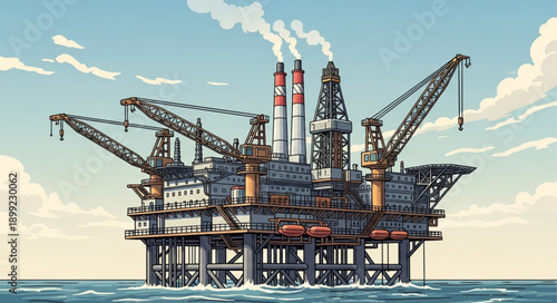 Offshore oil rig platform in the ocean with cranes and smoke stacks.