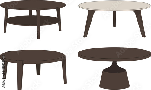 Modern Coffee Table Vector Set Round Wooden Mid-Century Designs