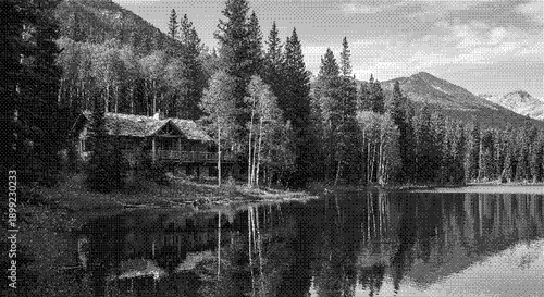 Serene lakefront cabin surrounded by tall evergreen trees reflecting on calm water surface with mountains in the distance
