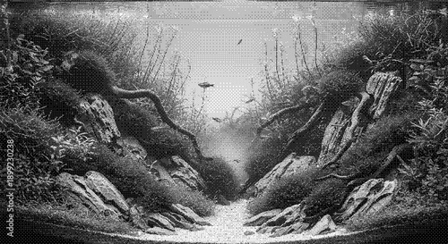 A serene black and white landscape of a river flowing through a valley surrounded by rocks and vegetation from a low viewpoint