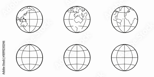 Six oval shaped globes some with continental outlines on a white background