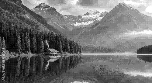 Serene mountain lake surrounded by dense forest and majestic mountains under a cloudy sky