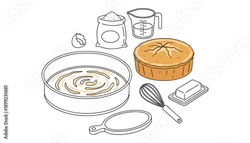 Baking ingredients for delicious dessert preparation in kitchen for bakery shop isometric outline