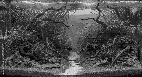 A serene underwater scene with twisted roots and aquatic life viewed from a central perspective