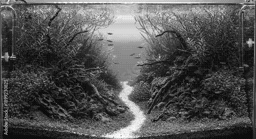 A serene black and white landscape photograph of a winding stream, surrounded by lush vegetation and trees, viewed from a tranquil forest path.