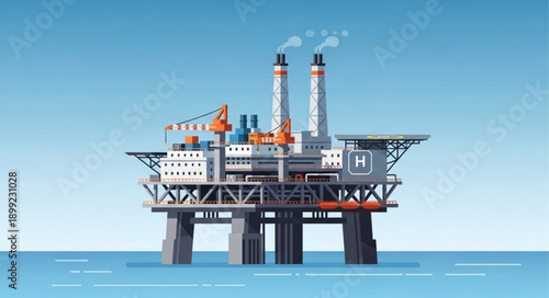 Offshore oil rig platform in the ocean with blue sky and water.