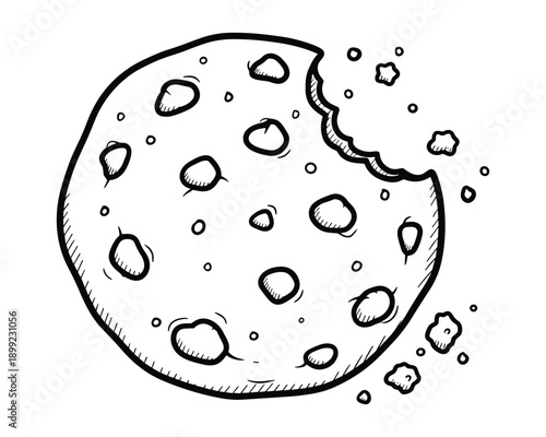 Chocolate chip cookie with bite missing sketch design for bakery or confectionery shop vector on backdrop