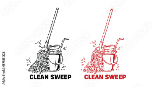 Clean sweep outline illustration of mop and bucket in black and red for cleaning themes