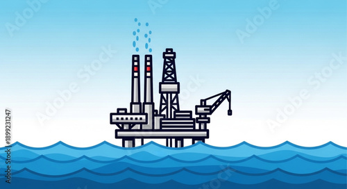 Offshore oil rig platform in the ocean with blue waves and sky.