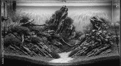 A serene waterfall cascades down rugged rocks surrounded by lush vegetation in a natural landscape viewed from a distance