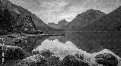 Serene lake scene with triangular cabin reflection on calm water surrounded by mountains