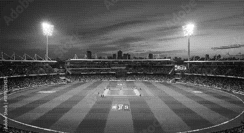 Panoramic view of an empty stadium with striped field and cityscape background at dusk