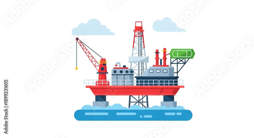Offshore oil rig platform in the ocean with clouds.