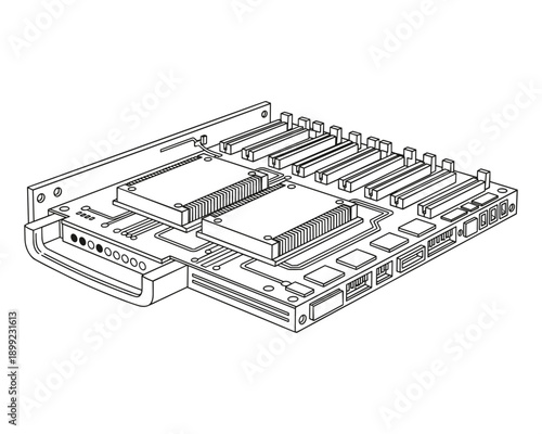 Computer motherboard isometric line art illustration on transparent background one hundred character